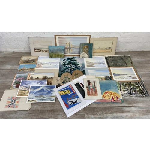 499C - A large collection of pictures and prints to include watercolour landscapes, acrylic studies, archit... 