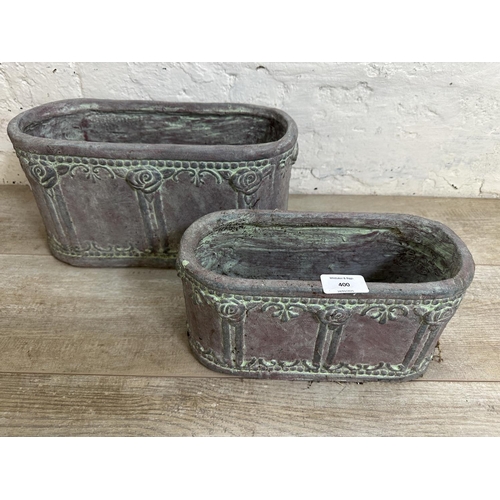 400 - Two French style ceramic oblong garden planters - largest approx. 19cm high x 37cm wide x 17cm deep