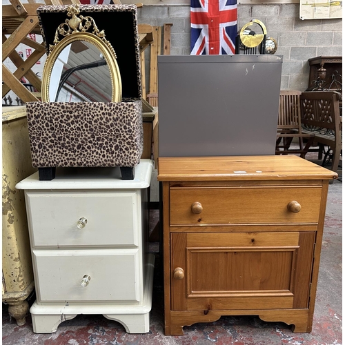 405 - Four items, one pine bedside cabinet, one Italian gilt framed oval wall mirror, one modern leopard p... 