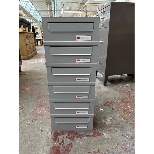 407 - A Joma grey metal six tier mailbox with two sets of keys - approx. 75cm high x 30cm wide x 37cm deep