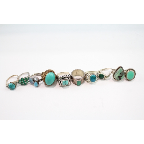 Ten sterling silver gemstone set rings to include turquoise etc ...