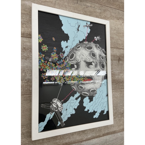 A framed surrealist mixed media collaged moon drawing/painting, signed ...