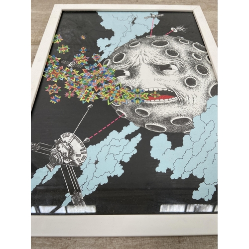 A framed surrealist mixed media collaged moon drawing/painting, signed ...