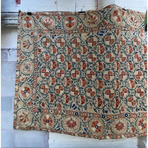 260 - A 19th century Uzbek Suzani floral silk embroidered wall hanging - approx. 160cm x 212cm wide