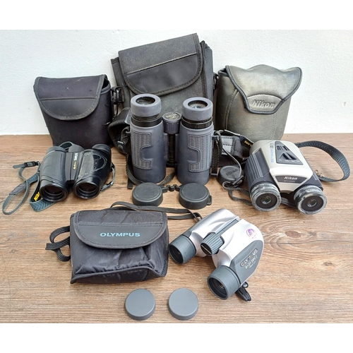 247 - Four cased pairs of binoculars, one Bushnell H2O 10x42 waterproof, one Nikon 8-24x25 pocket zoom, on... 