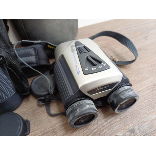 247 - Four cased pairs of binoculars, one Bushnell H2O 10x42 waterproof, one Nikon 8-24x25 pocket zoom, on... 