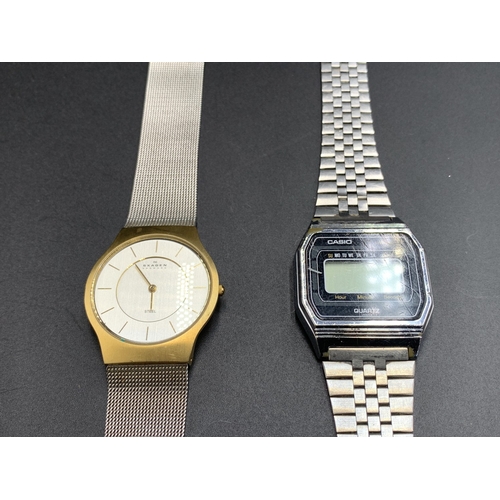 Two men's quartz wristwatches, one Casio digital and one Skagen of Denmark