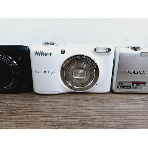 35 - Three Nikon Coolpix CCD sensor compact digital cameras, one S3500 20mp, one L27 16.1mp and one S225 ... 