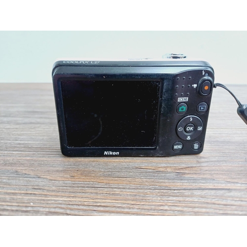 35 - Three Nikon Coolpix CCD sensor compact digital cameras, one S3500 20mp, one L27 16.1mp and one S225 ... 