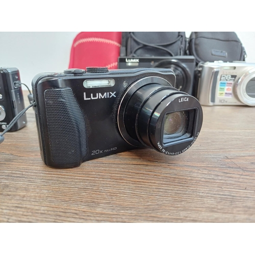 42 - Four Panasonic Lumix compact digital cameras, one DMC-TZ60 18mp CMOS sensor, one DMC-TZ35 16mp CMOS ... 
