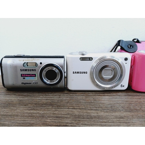 45 - Six Samsung compact digital cameras to include ES30 12.2mp, L100 8.2mp, ES65 10.2mp, ES55 10.2mp etc... 