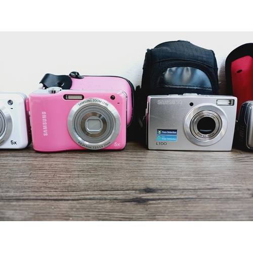 45 - Six Samsung compact digital cameras to include ES30 12.2mp, L100 8.2mp, ES65 10.2mp, ES55 10.2mp etc... 