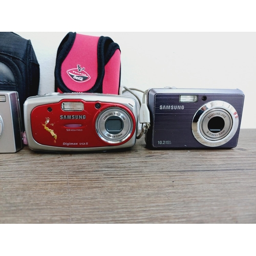 45 - Six Samsung compact digital cameras to include ES30 12.2mp, L100 8.2mp, ES65 10.2mp, ES55 10.2mp etc... 