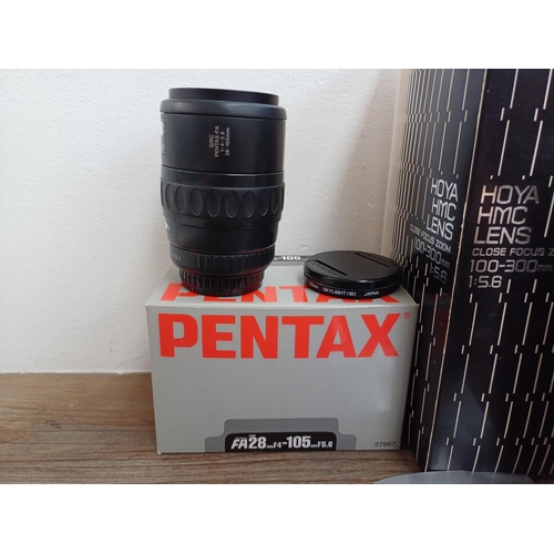 107 - Five K-mount lenses, one boxed smc Pentax-FA 1:4-5.6 28-105mm zoom, one boxed smc Pentax-A 1:2.8 28m... 