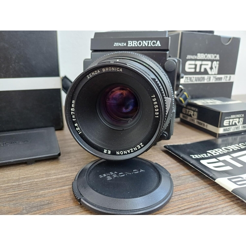 108 - A Zenza Bronica ETRSi 4.5x6 medium format SLR camera fitted with Zenzanon EII 1:2.8 75mm lens, waist... 