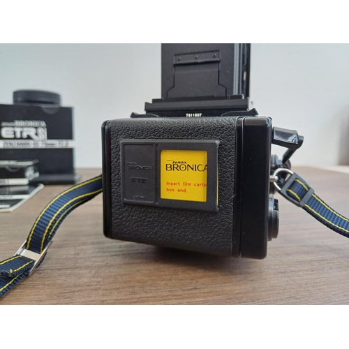 108 - A Zenza Bronica ETRSi 4.5x6 medium format SLR camera fitted with Zenzanon EII 1:2.8 75mm lens, waist... 