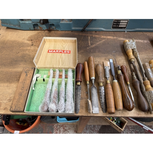 A collection of mainly Marples woodworking tools to include chisels ...