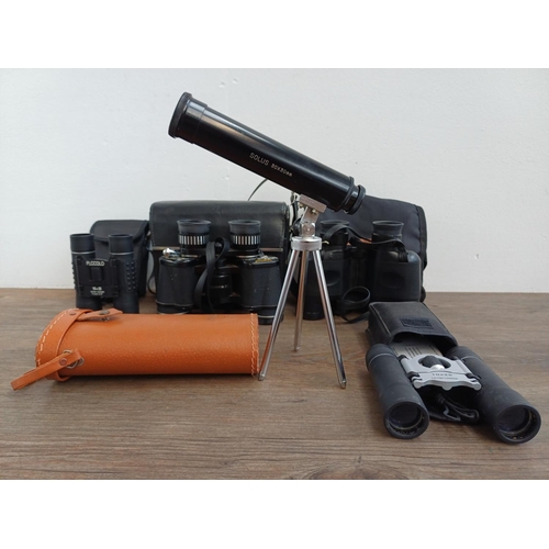 Five cased optical instruments, one Solis 30x30mm telescope with built ...