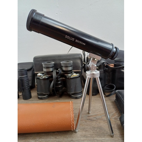 Five cased optical instruments, one Solis 30x30mm telescope with built ...