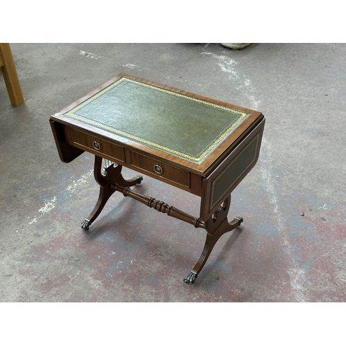 1032 - A Regency style mahogany and green leather drop leaf lyre end side table - approx. 56cm high x 105cm... 