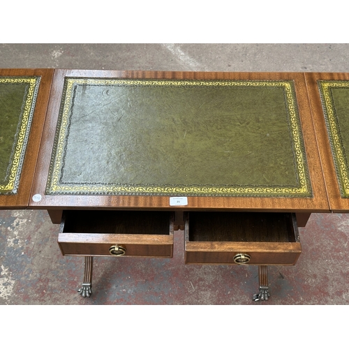 1032 - A Regency style mahogany and green leather drop leaf lyre end side table - approx. 56cm high x 105cm... 