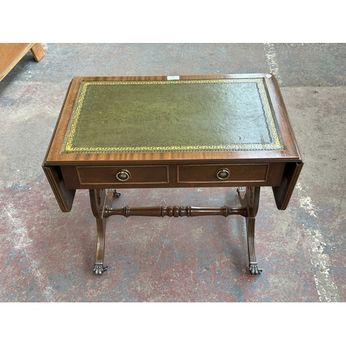 1032 - A Regency style mahogany and green leather drop leaf lyre end side table - approx. 56cm high x 105cm... 