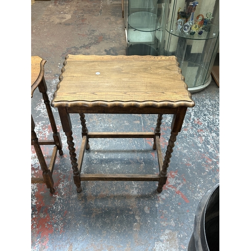 1034 - Two oak side tables, one piecrust edge barley twist - approx. 73cm high x 58cm wide x 42cm deep and ... 