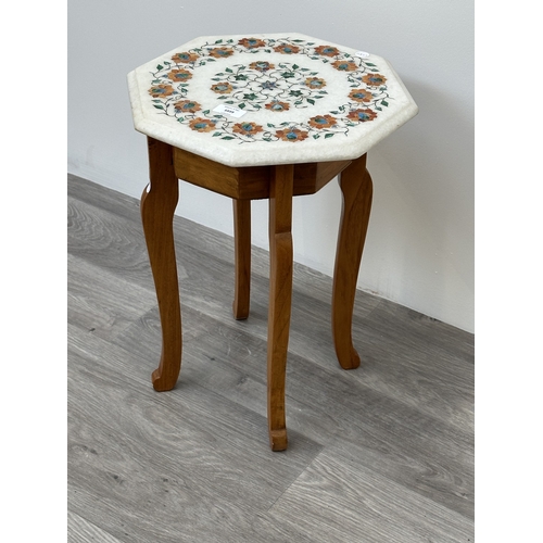 1039 - An Indian parchin kari gemstone inlaid white marble octagonal side table on teak base - approx. 48cm... 