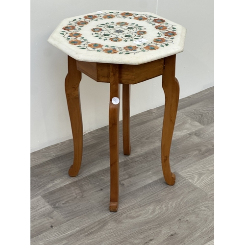 1039 - An Indian parchin kari gemstone inlaid white marble octagonal side table on teak base - approx. 48cm... 
