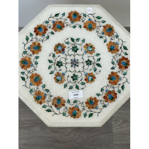 1039 - An Indian parchin kari gemstone inlaid white marble octagonal side table on teak base - approx. 48cm... 