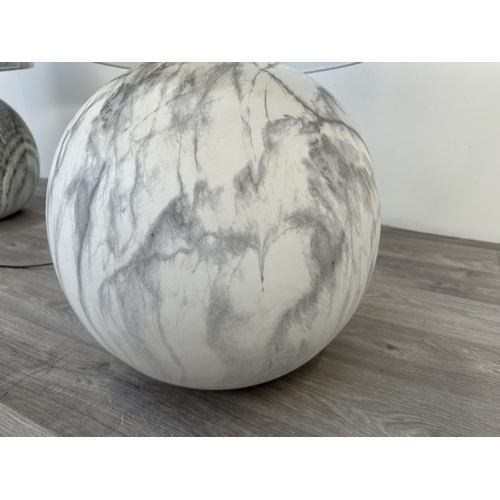 1050 - A large marble effect spherical table lamp with white shade - approx. 75cm high including shade
