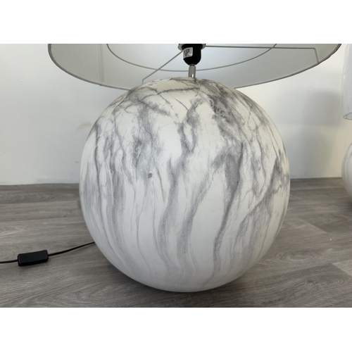 1050 - A large marble effect spherical table lamp with white shade - approx. 75cm high including shade