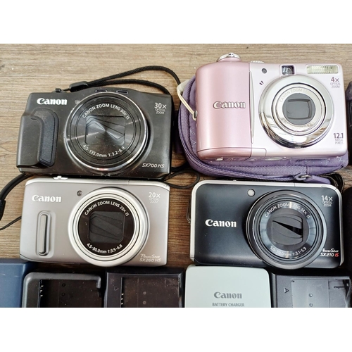 483 - Twelve Canon PowerShot compact digital cameras to include SX700 HS 16mp BSI-CMOS sensor, SX200 IS 12... 