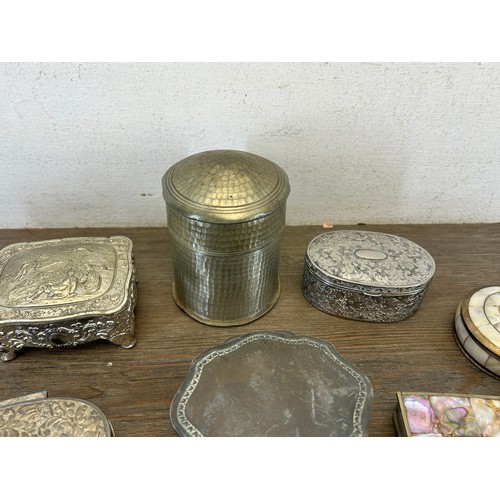 Twelve assorted metal boxes to include mother of pearl, abalone etc.