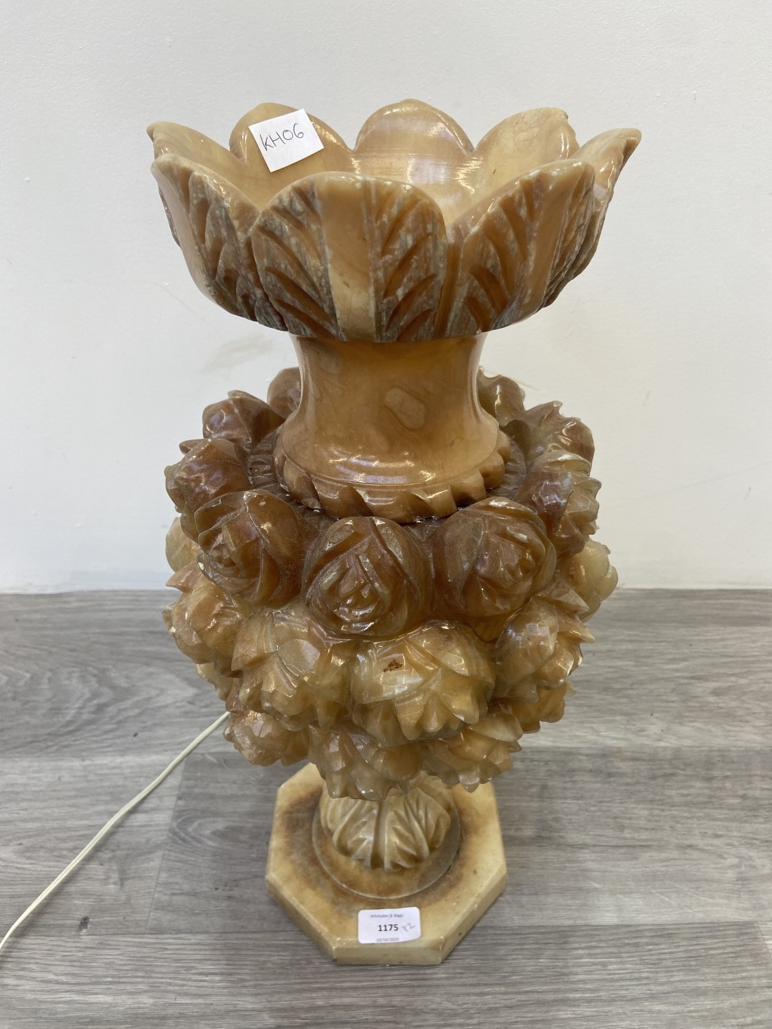 Two carved alabaster items, one table lamp - approx. 47cm high and one ...