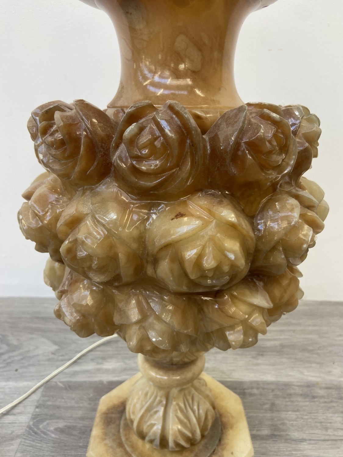 Two carved alabaster items, one table lamp - approx. 47cm high and one ...