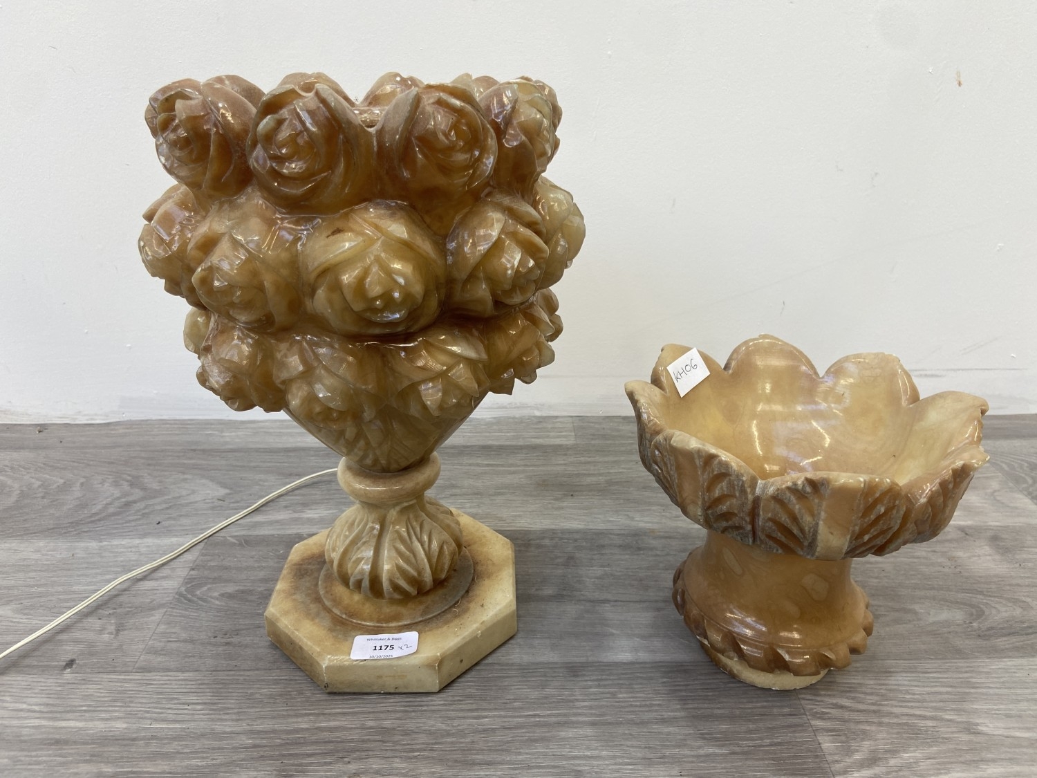 Two carved alabaster items, one table lamp - approx. 47cm high and one ...
