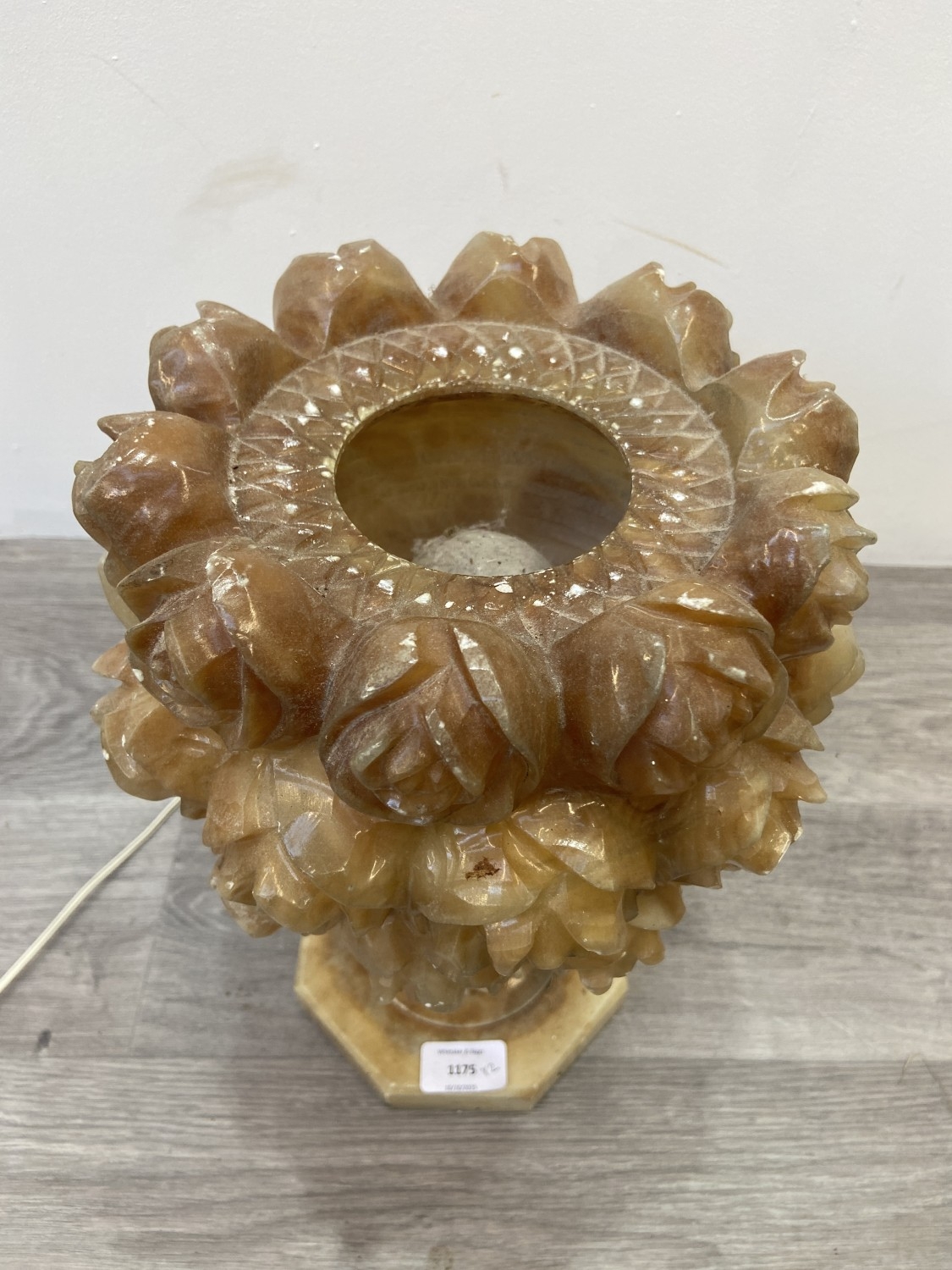 Two carved alabaster items, one table lamp - approx. 47cm high and one ...
