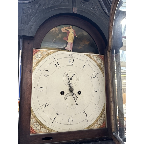 10 - A Georgian Cooper of Newport ebonised and carved oak cased grandfather clock with hand painted ename... 
