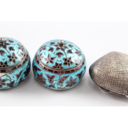 Four sterling silver pill boxes, three enamel and one shell - approx ...