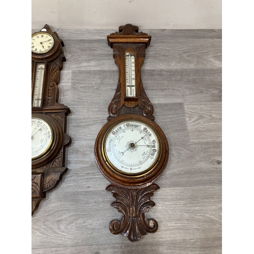 Four early 20th century carved oak cased aneroid barometers - largest ...