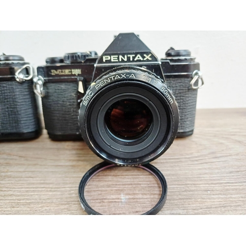 193 - Two black Pentax ME Super 35mm SLR cameras, one fitted with smc Pentax-M 1:1.7 50mm lens and one fit... 