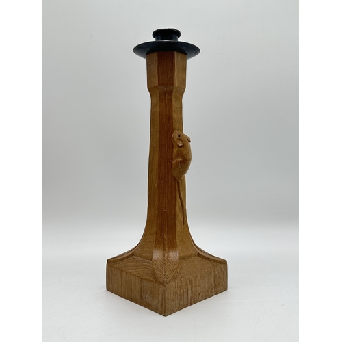 A Robert 'Mouseman' Thompson adzed oak candlestick with metal top ...