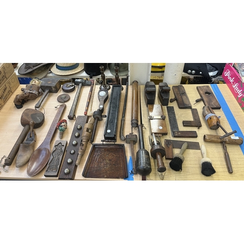 A collection of treen items to include antique and later tools ...