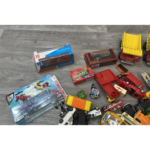 200 - Two boxes containing model vehicles to include Dinky Toys diecast Bedford van, Maisto Iron Man 2 die... 