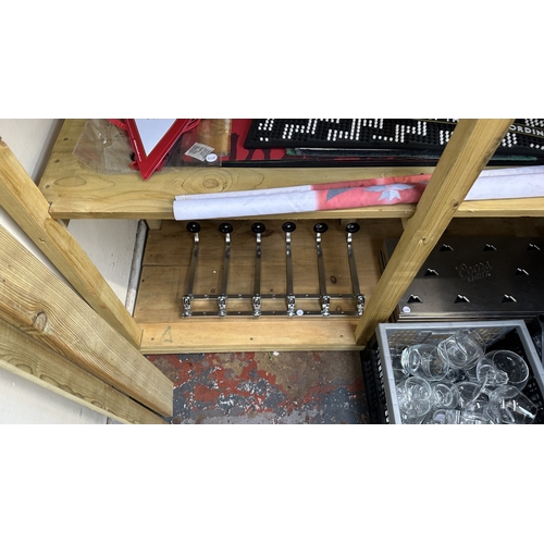 60 - A handmade wooden L shaped home bar with accessories to include drinking glasses, Coors Light drip t... 