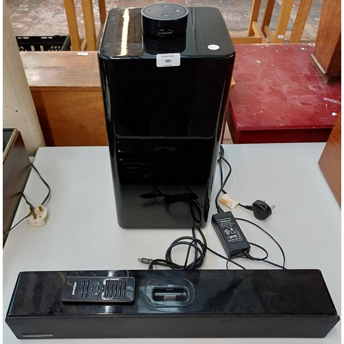 385 - Two items, one Orbitsound T12 speaker system comprising subwoofer and soundbar with built-in iPod do... 