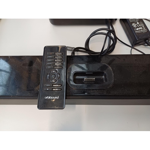 385 - Two items, one Orbitsound T12 speaker system comprising subwoofer and soundbar with built-in iPod do... 