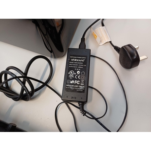 385 - Two items, one Orbitsound T12 speaker system comprising subwoofer and soundbar with built-in iPod do... 