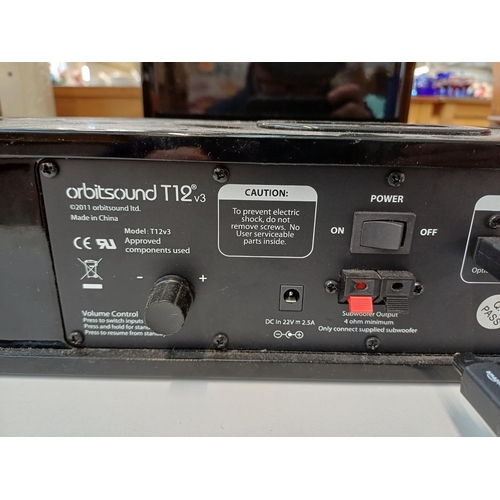 385 - Two items, one Orbitsound T12 speaker system comprising subwoofer and soundbar with built-in iPod do... 